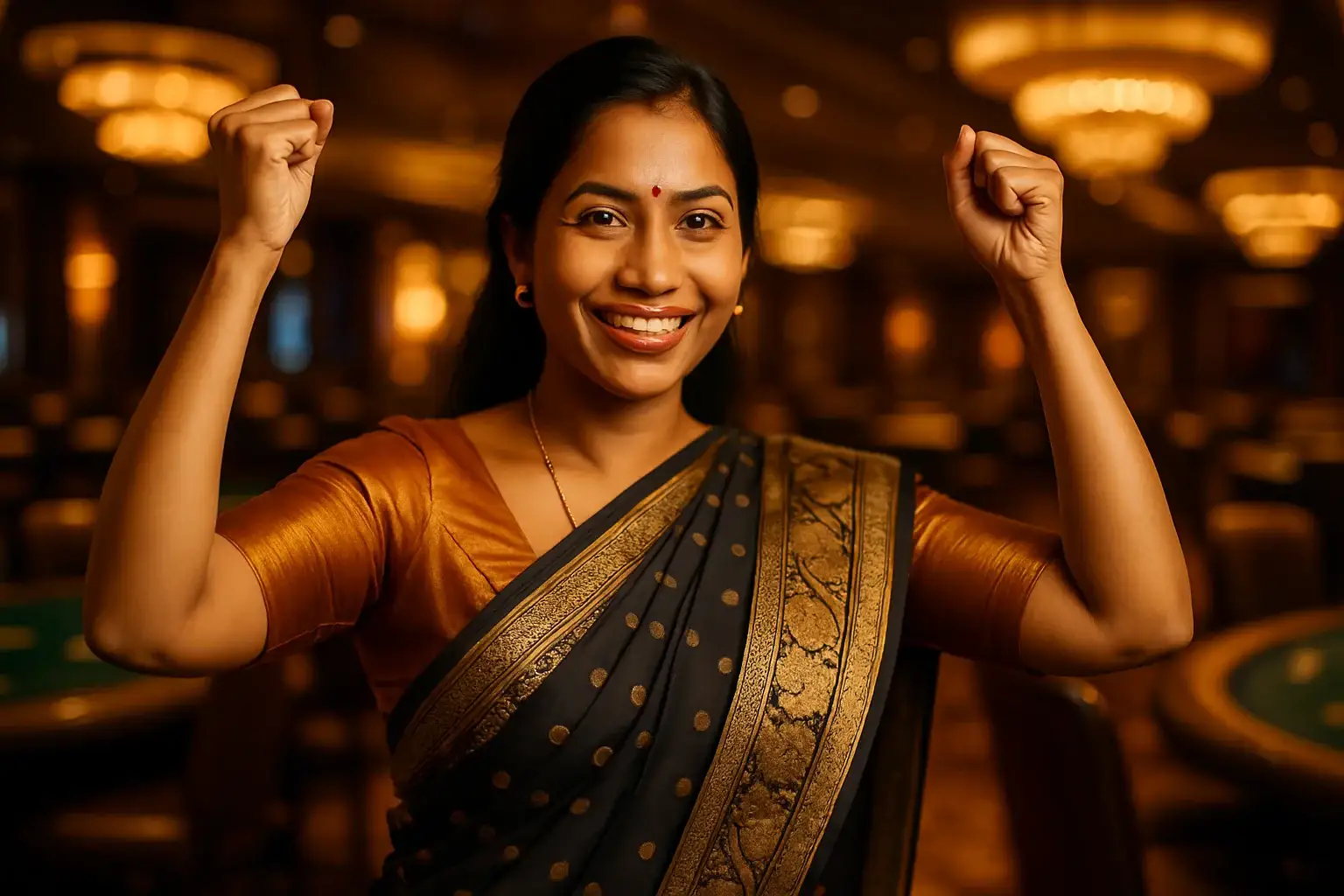 Confident Bangladeshi woman in elegant saree celebrating victory in casino lounge