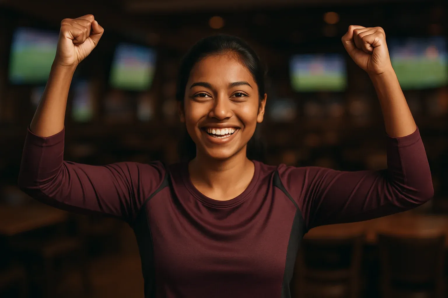 Joyful Bangladeshi woman in modern sportswear celebrating victory in sports lounge