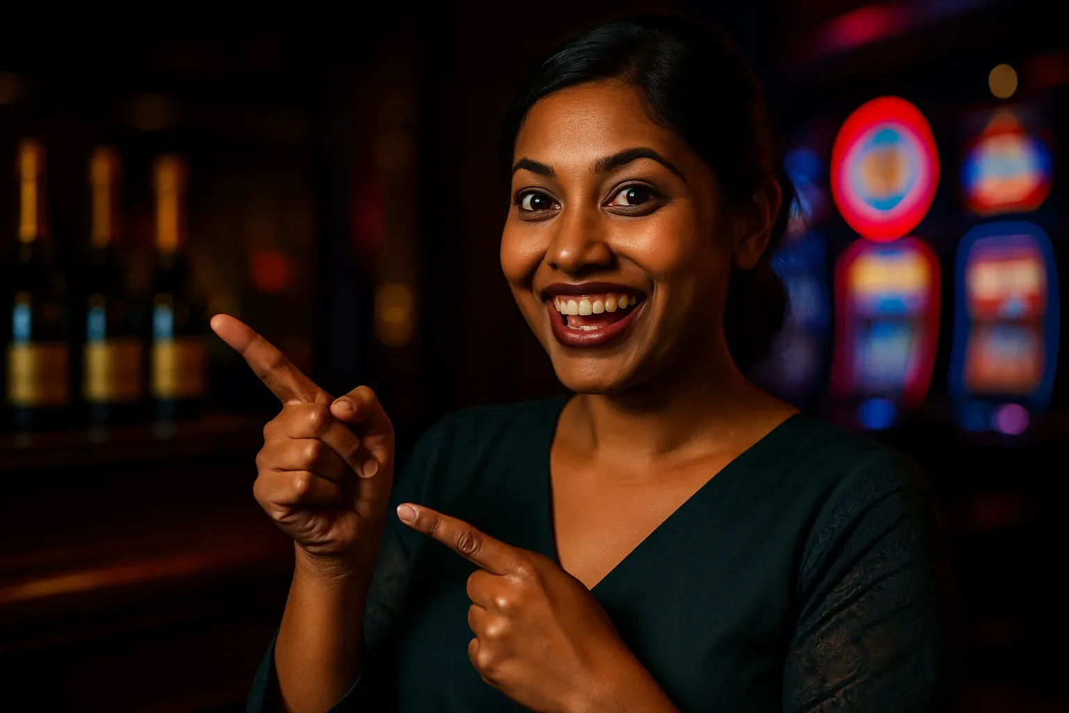 Happy Bangladeshi woman pointing at win in casino bar background