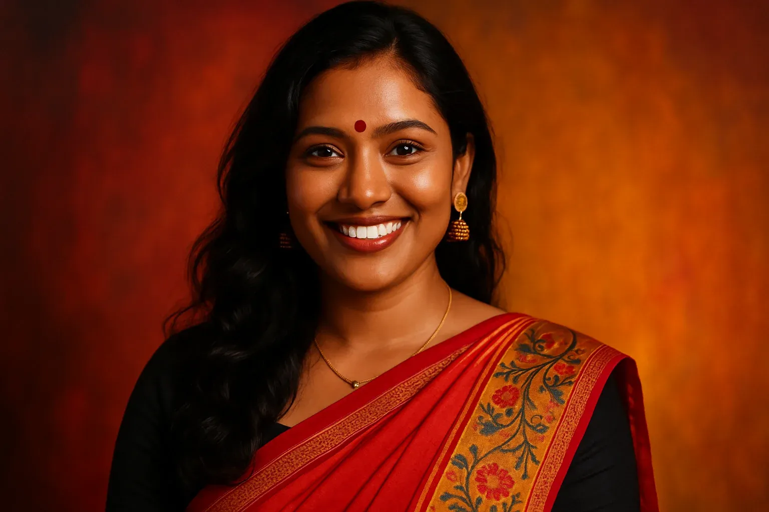 High-resolution portrait of happy Bangladeshi woman in modern fusion wear