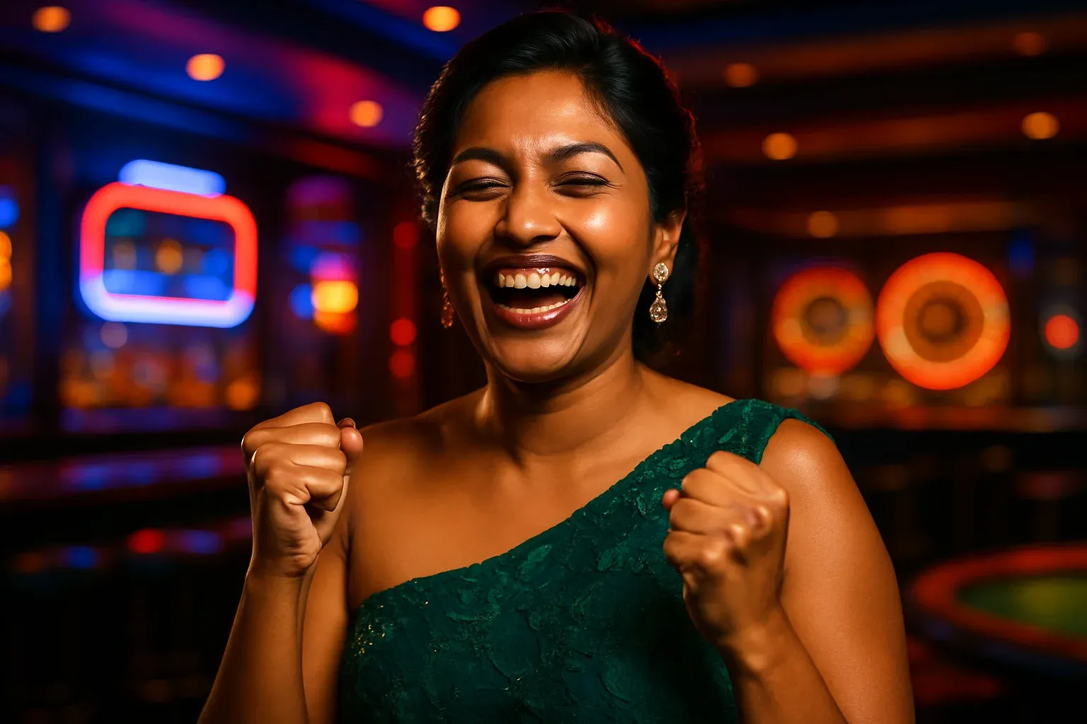 Joyful Bangladeshi woman laughing in evening dress, victory pose at casino bar