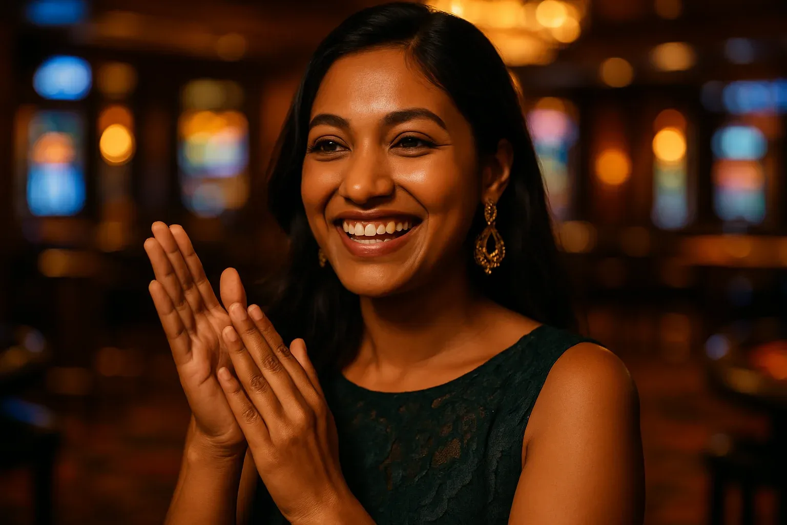 Joyful Bangladeshi woman in evening dress celebrating at blurred casino bar