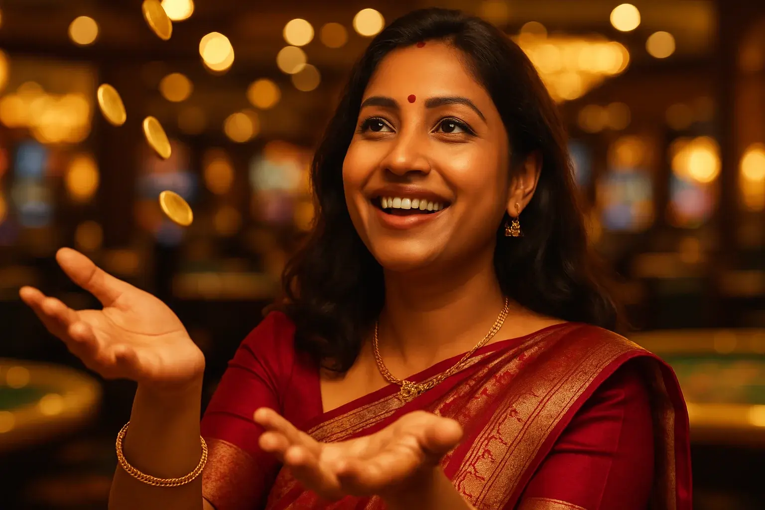 Happy Bangladeshi woman in elegant saree catching imaginary coins in casino